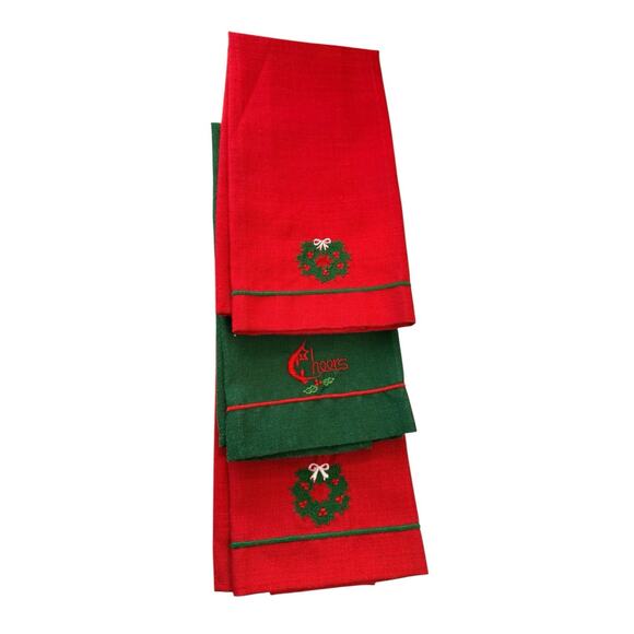Vintage Embroidered Christmas Tea Towels Linen Polyester Set Of Three EUC - Picture 5 of 7